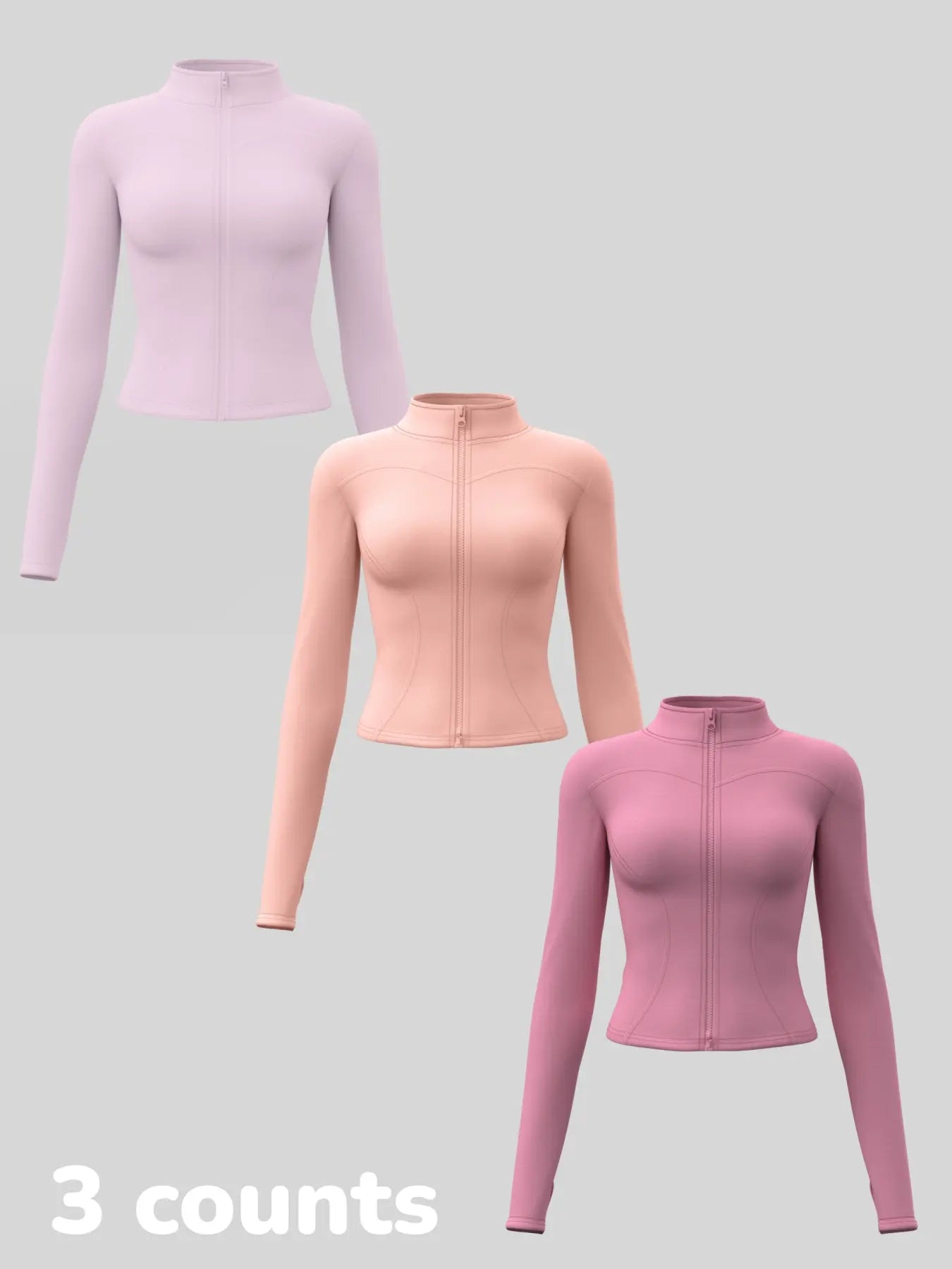 Women'S Long Sleeve Yoga Jacket Set, Sports Outerwear, Athletic Jackets, High Neck Zipper Closure, Quick-Dry Fitness Top, Tight-Fitting Sports Wear, Athletic Sports Clothing, 3 Piece Pack