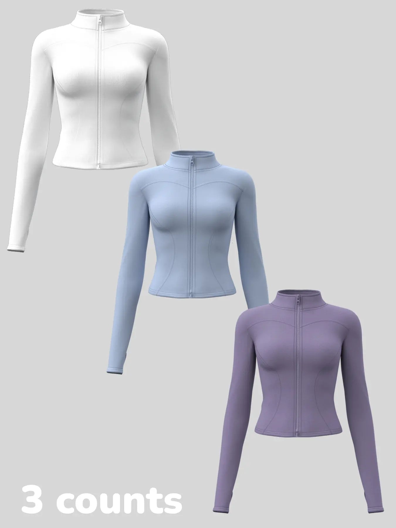 Women'S Long Sleeve Yoga Jacket Set, Sports Outerwear, Athletic Jackets, High Neck Zipper Closure, Quick-Dry Fitness Top, Tight-Fitting Sports Wear, Athletic Sports Clothing, 3 Piece Pack