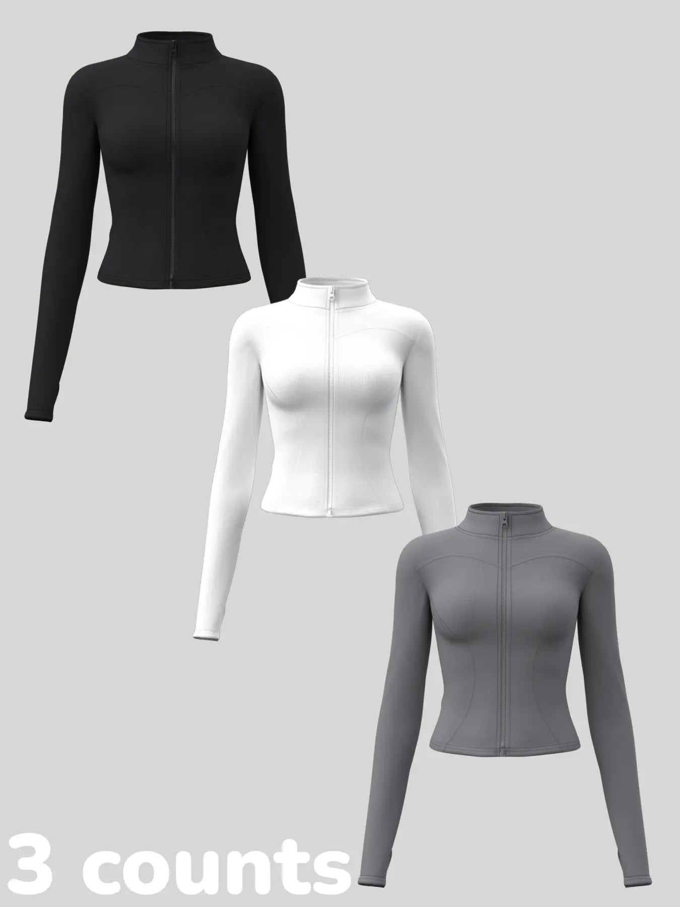 Women'S Long Sleeve Yoga Jacket Set, Sports Outerwear, Athletic Jackets, High Neck Zipper Closure, Quick-Dry Fitness Top, Tight-Fitting Sports Wear, Athletic Sports Clothing, 3 Piece Pack