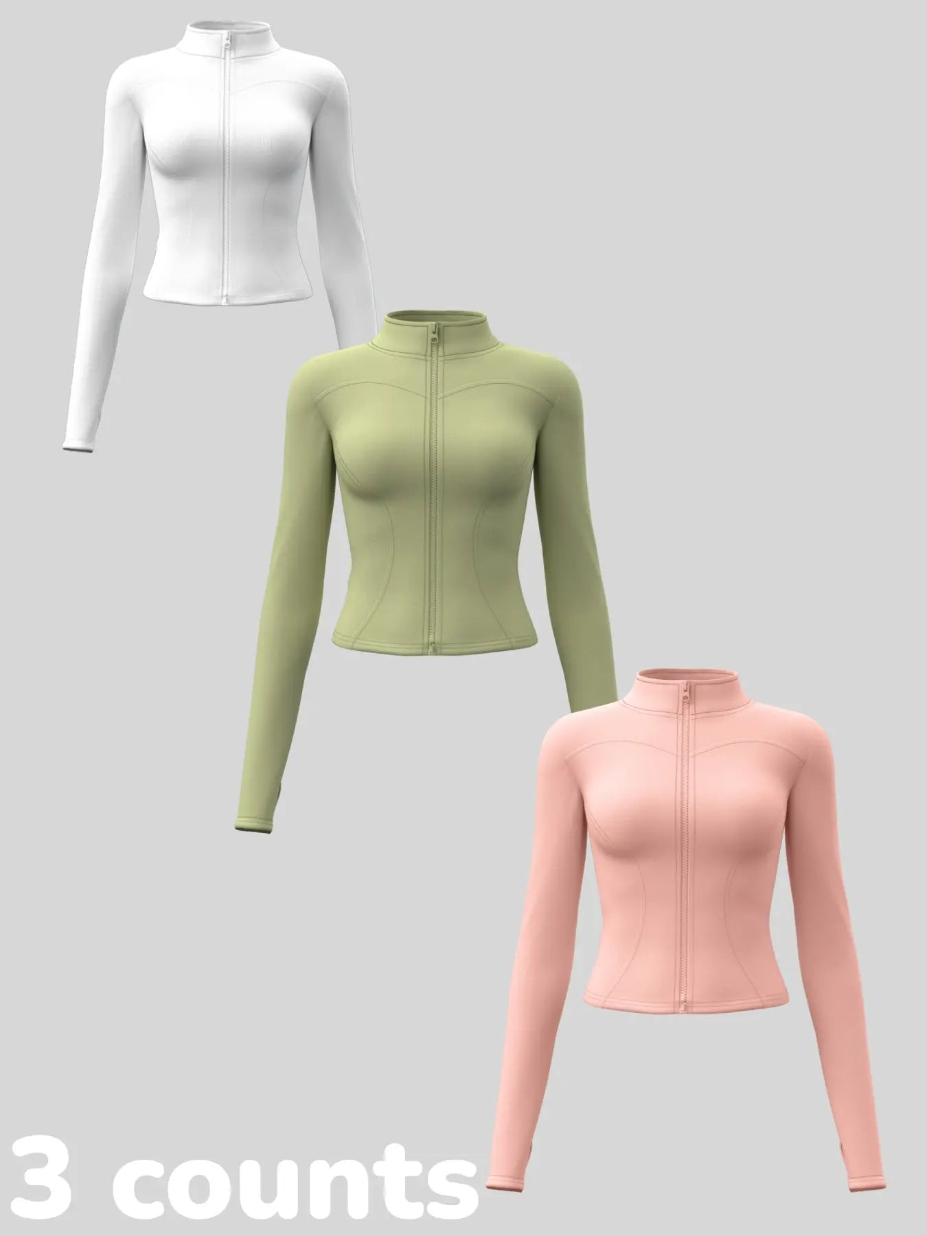 Women'S Long Sleeve Yoga Jacket Set, Sports Outerwear, Athletic Jackets, High Neck Zipper Closure, Quick-Dry Fitness Top, Tight-Fitting Sports Wear, Athletic Sports Clothing, 3 Piece Pack