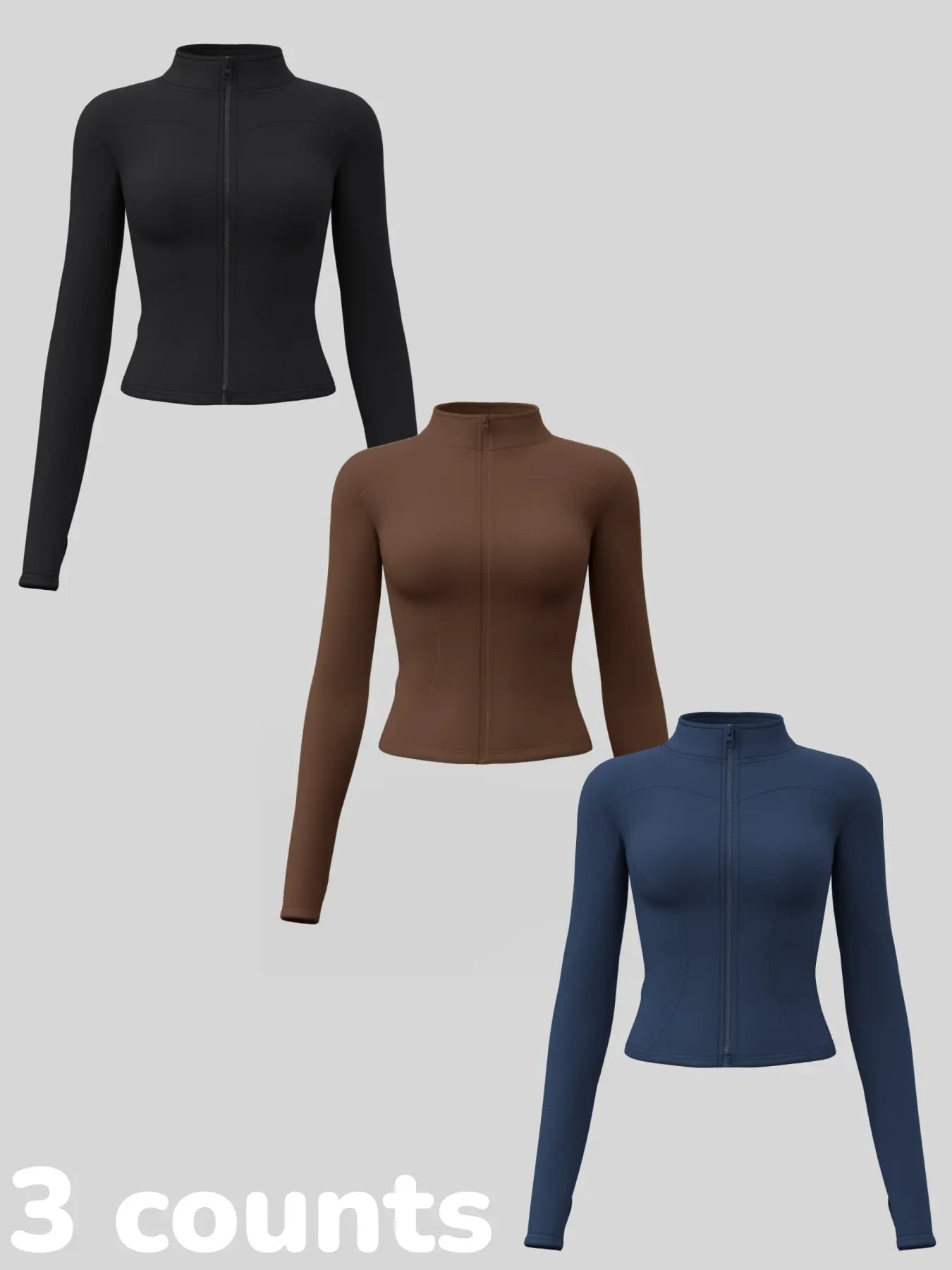 Women'S Long Sleeve Yoga Jacket Set, Sports Outerwear, Athletic Jackets, High Neck Zipper Closure, Quick-Dry Fitness Top, Tight-Fitting Sports Wear, Athletic Sports Clothing, 3 Piece Pack