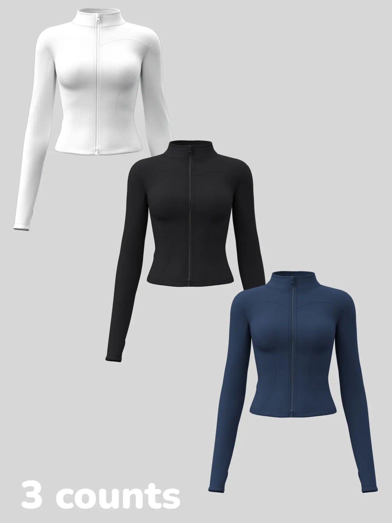 Women'S Long Sleeve Yoga Jacket Set, Sports Outerwear, Athletic Jackets, High Neck Zipper Closure, Quick-Dry Fitness Top, Tight-Fitting Sports Wear, Athletic Sports Clothing, 3 Piece Pack