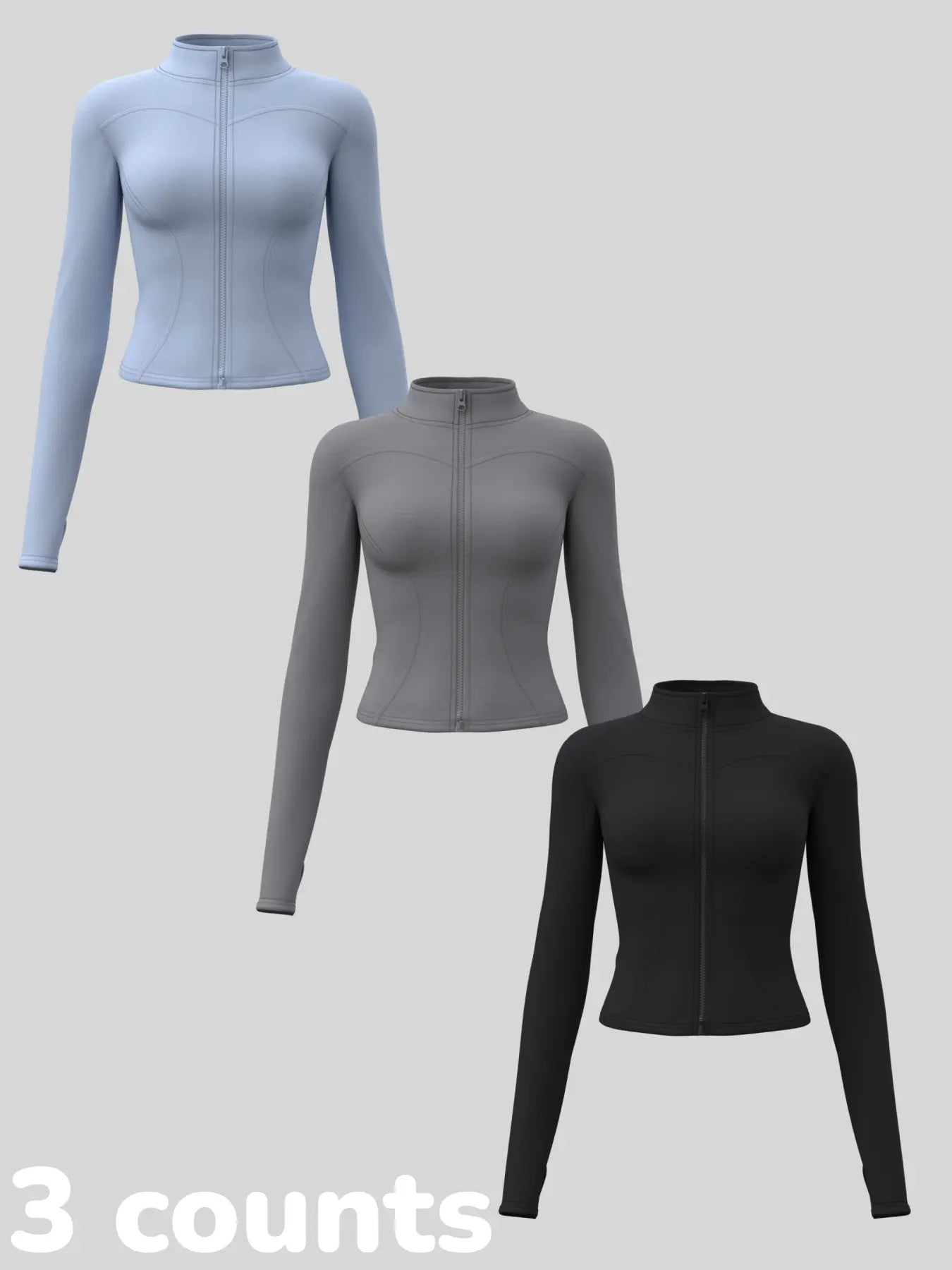 Women'S Long Sleeve Yoga Jacket Set, Sports Outerwear, Athletic Jackets, High Neck Zipper Closure, Quick-Dry Fitness Top, Tight-Fitting Sports Wear, Athletic Sports Clothing, 3 Piece Pack
