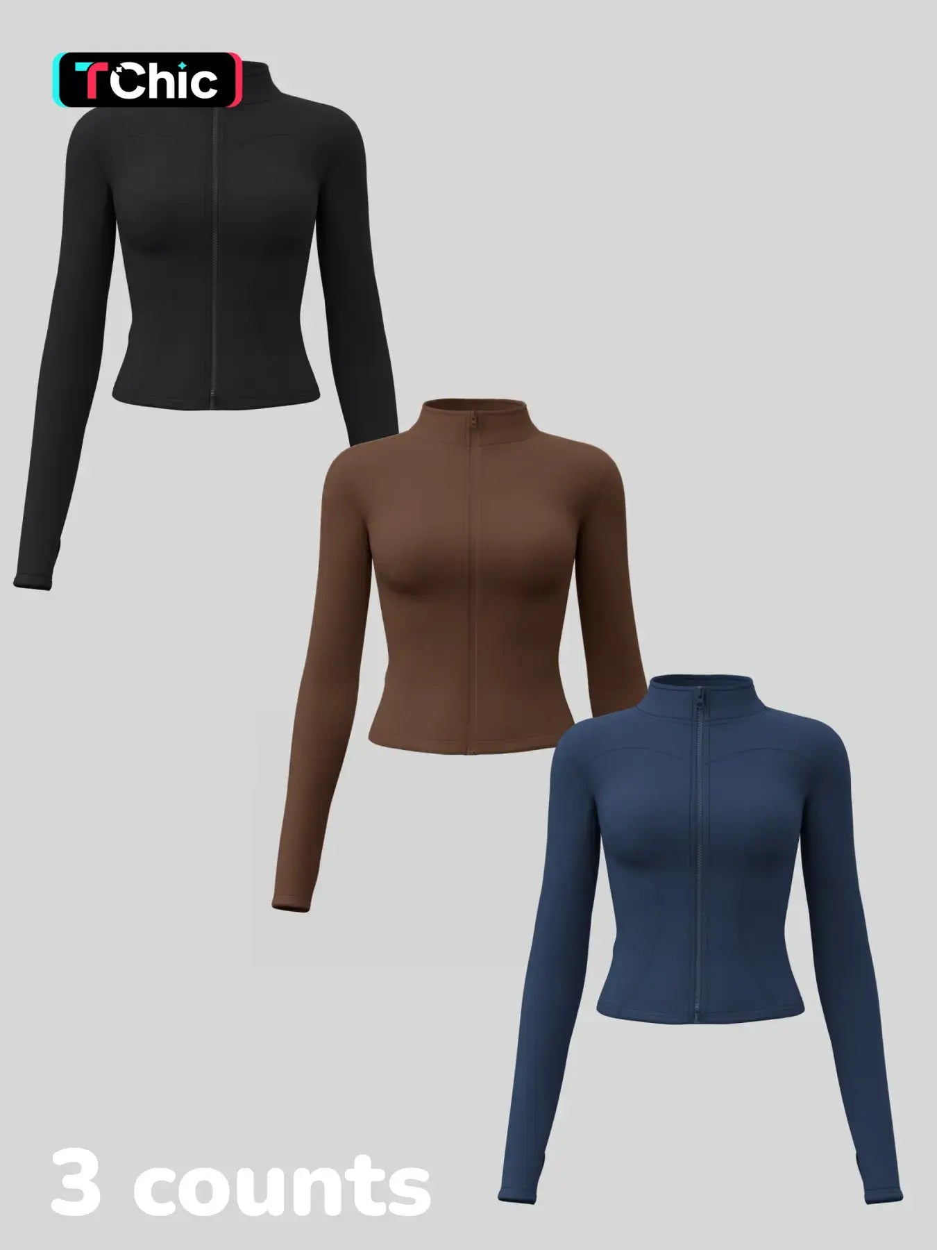 Women'S Long Sleeve Yoga Jacket Set, Sports Outerwear, Athletic Jackets, High Neck Zipper Closure, Quick-Dry Fitness Top, Tight-Fitting Sports Wear, Athletic Sports Clothing, 3 Piece Pack