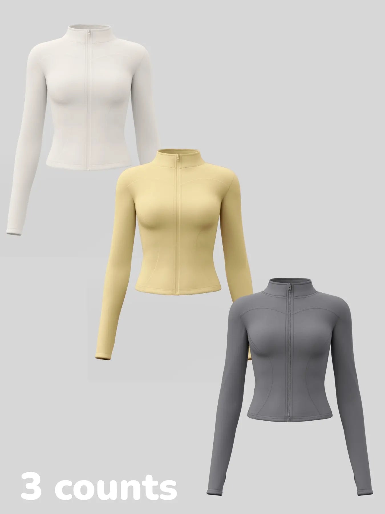Women'S Long Sleeve Yoga Jacket Set, Sports Outerwear, Athletic Jackets, High Neck Zipper Closure, Quick-Dry Fitness Top, Tight-Fitting Sports Wear, Athletic Sports Clothing, 3 Piece Pack