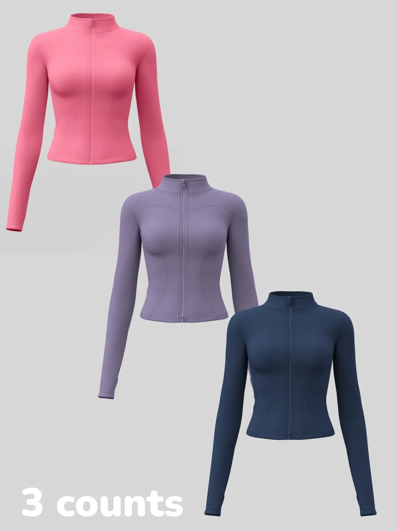 Women'S Long Sleeve Yoga Jacket Set, Sports Outerwear, Athletic Jackets, High Neck Zipper Closure, Quick-Dry Fitness Top, Tight-Fitting Sports Wear, Athletic Sports Clothing, 3 Piece Pack