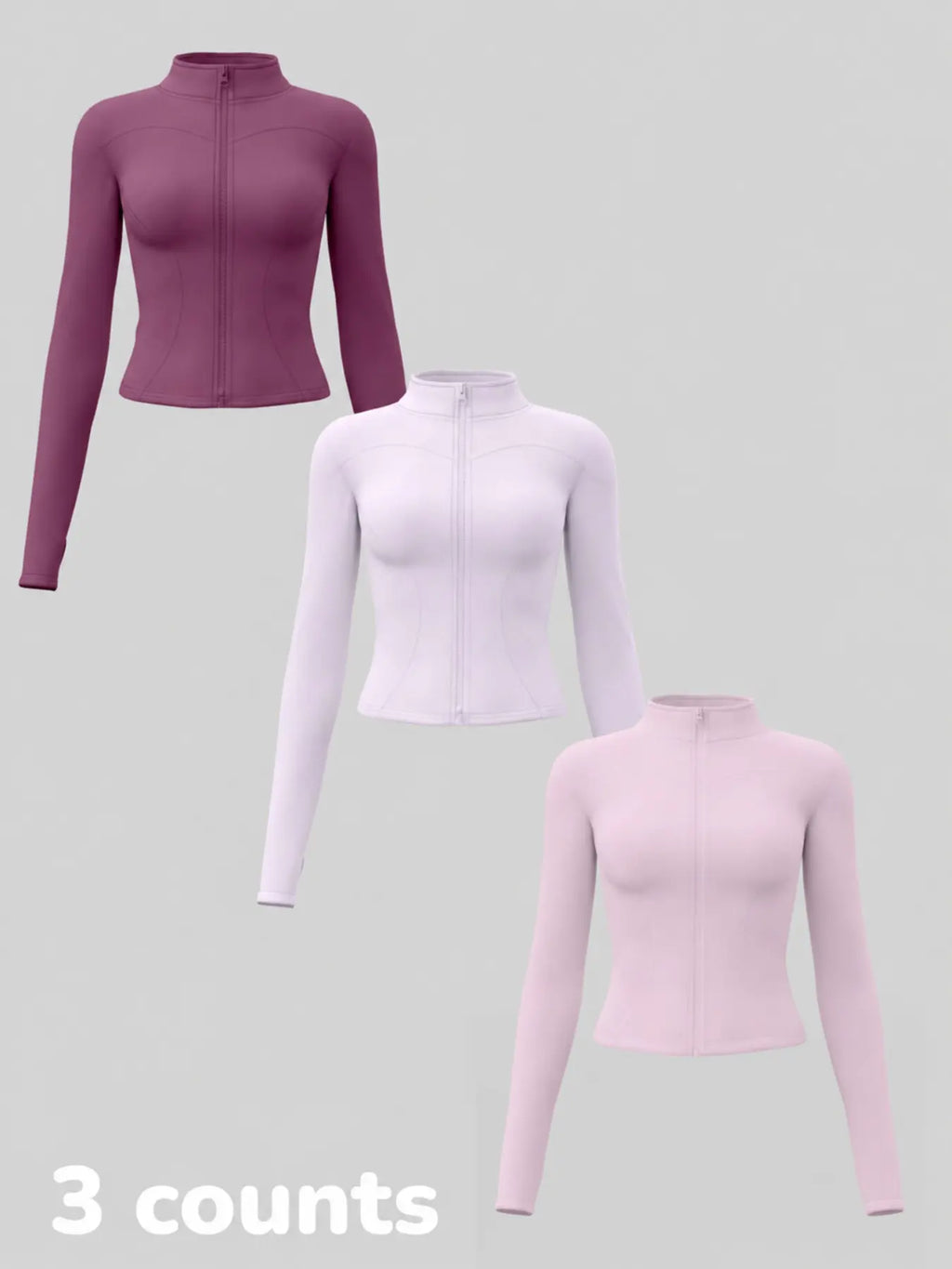 Women'S Long Sleeve Yoga Jacket Set, Sports Outerwear, Athletic Jackets, High Neck Zipper Closure, Quick-Dry Fitness Top, Tight-Fitting Sports Wear, Athletic Sports Clothing, 3 Piece Pack