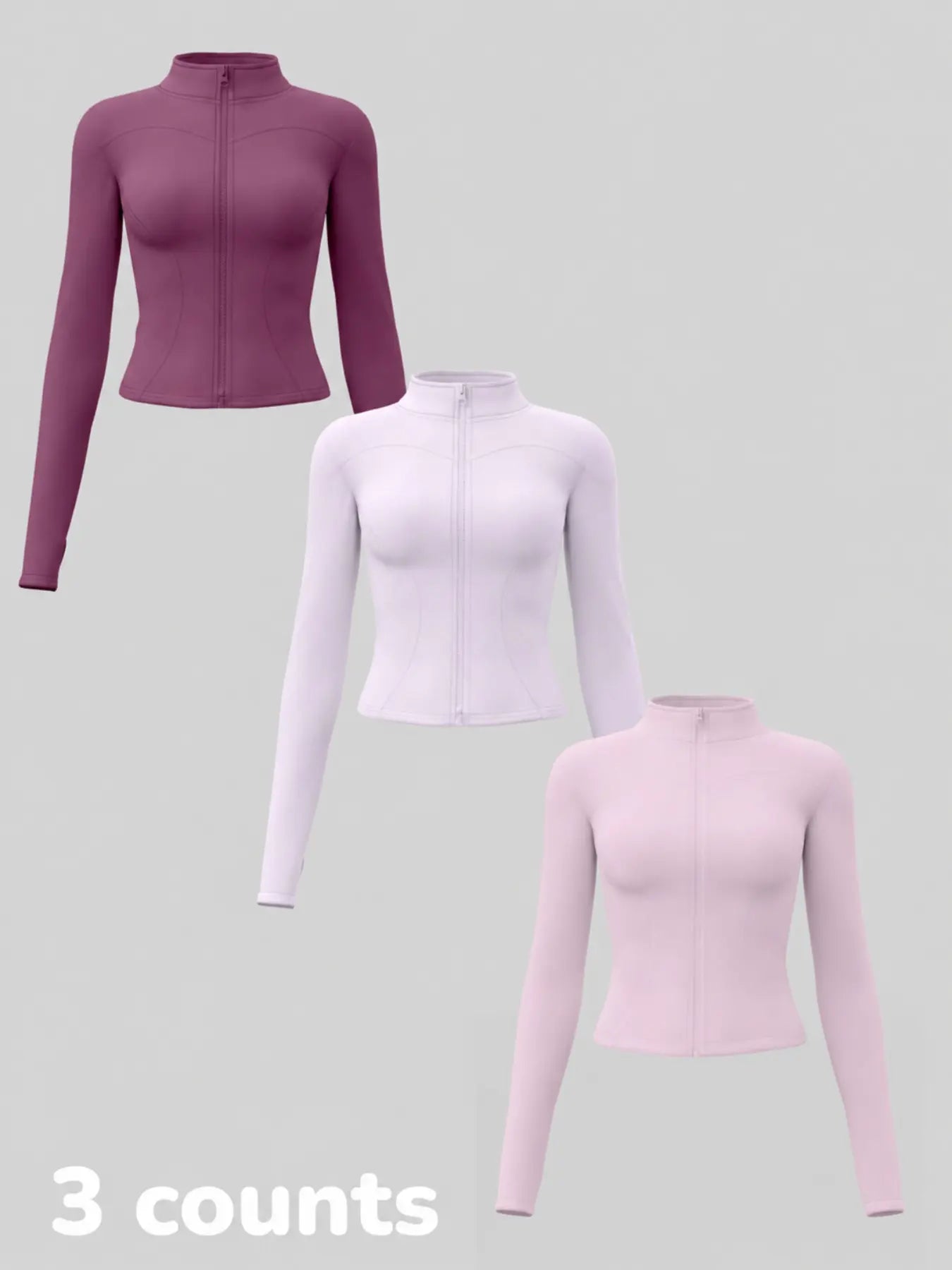 Women'S Long Sleeve Yoga Jacket Set, Sports Outerwear, Athletic Jackets, High Neck Zipper Closure, Quick-Dry Fitness Top, Tight-Fitting Sports Wear, Athletic Sports Clothing, 3 Piece Pack