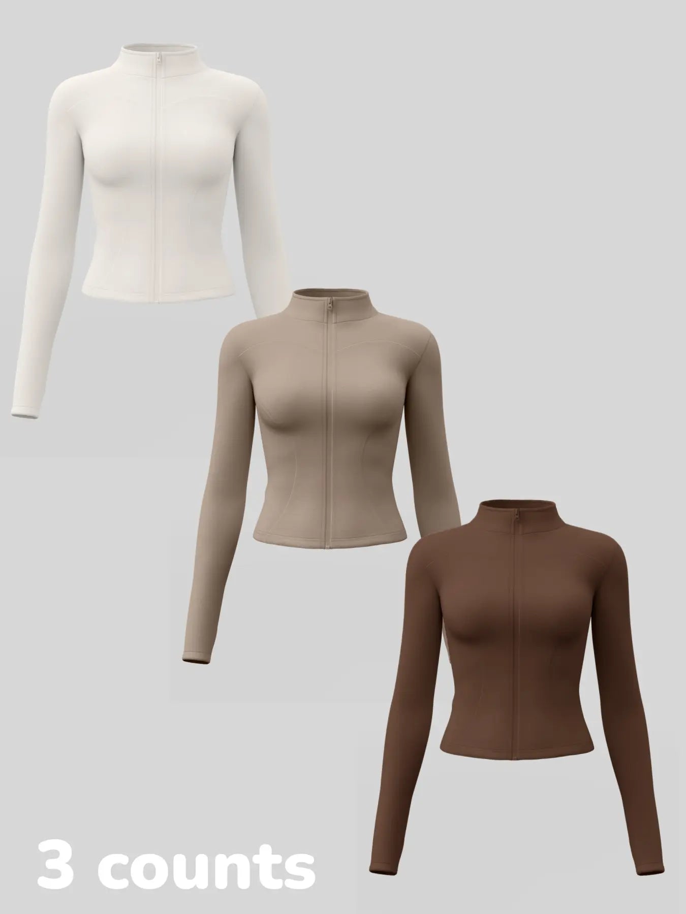 Women'S Long Sleeve Yoga Jacket Set, Sports Outerwear, Athletic Jackets, High Neck Zipper Closure, Quick-Dry Fitness Top, Tight-Fitting Sports Wear, Athletic Sports Clothing, 3 Piece Pack