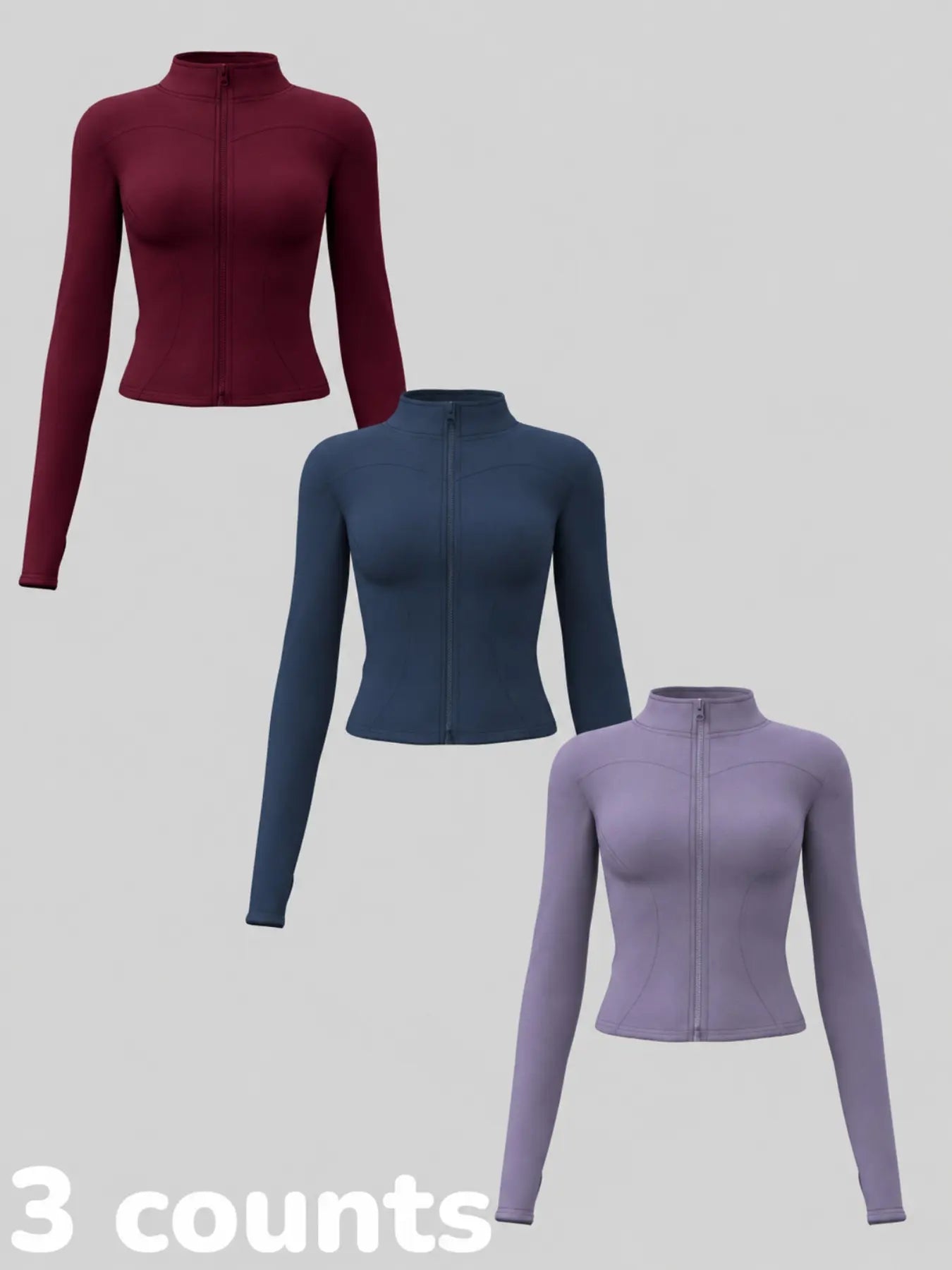 Women'S Long Sleeve Yoga Jacket Set, Sports Outerwear, Athletic Jackets, High Neck Zipper Closure, Quick-Dry Fitness Top, Tight-Fitting Sports Wear, Athletic Sports Clothing, 3 Piece Pack