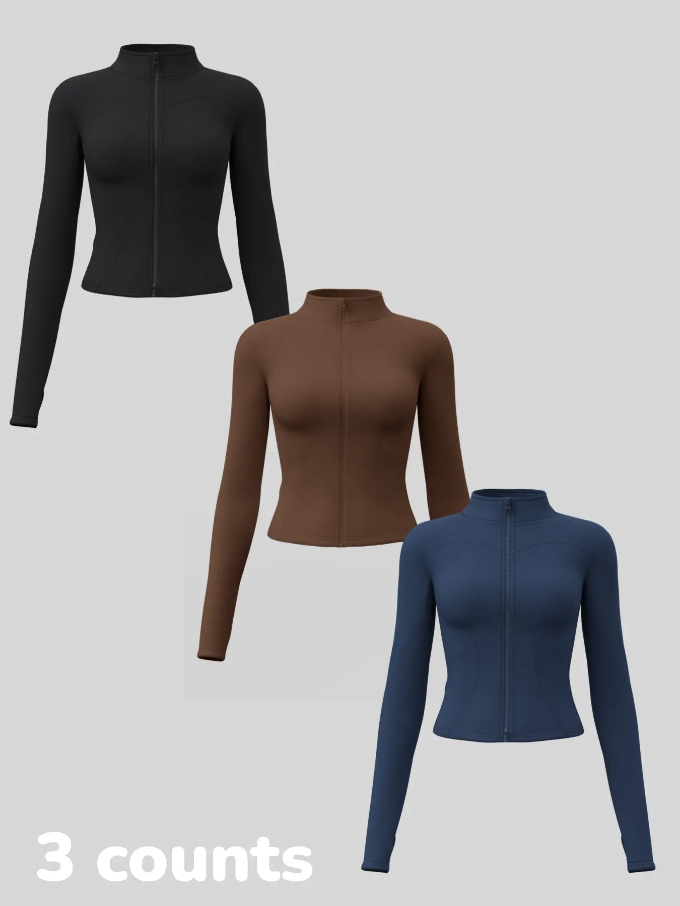 Women'S Long Sleeve Yoga Jacket Set, Sports Outerwear, Athletic Jackets, High Neck Zipper Closure, Quick-Dry Fitness Top, Tight-Fitting Sports Wear, Athletic Sports Clothing, 3 Piece Pack