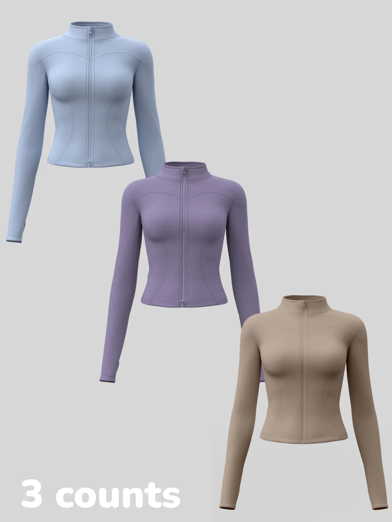 Women'S Long Sleeve Yoga Jacket Set, Sports Outerwear, Athletic Jackets, High Neck Zipper Closure, Quick-Dry Fitness Top, Tight-Fitting Sports Wear, Athletic Sports Clothing, 3 Piece Pack