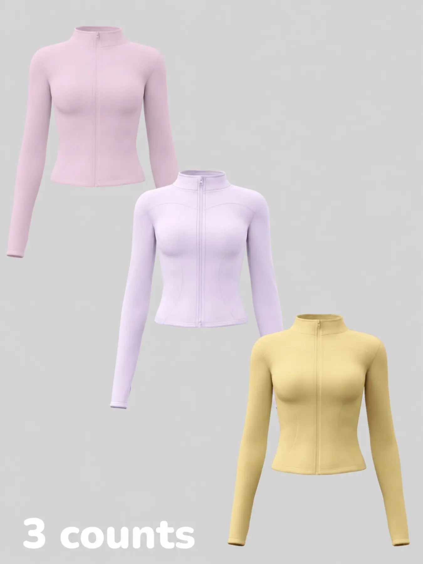 Women'S Long Sleeve Yoga Jacket Set, Sports Outerwear, Athletic Jackets, High Neck Zipper Closure, Quick-Dry Fitness Top, Tight-Fitting Sports Wear, Athletic Sports Clothing, 3 Piece Pack