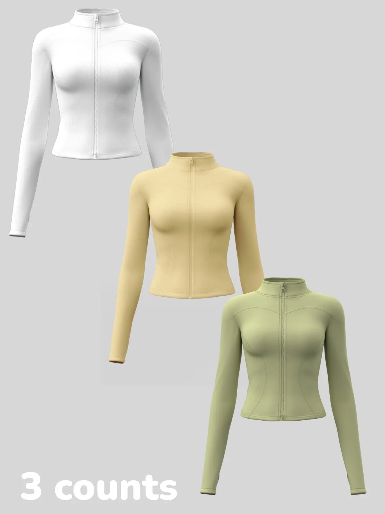 Women'S Long Sleeve Yoga Jacket Set, Sports Outerwear, Athletic Jackets, High Neck Zipper Closure, Quick-Dry Fitness Top, Tight-Fitting Sports Wear, Athletic Sports Clothing, 3 Piece Pack