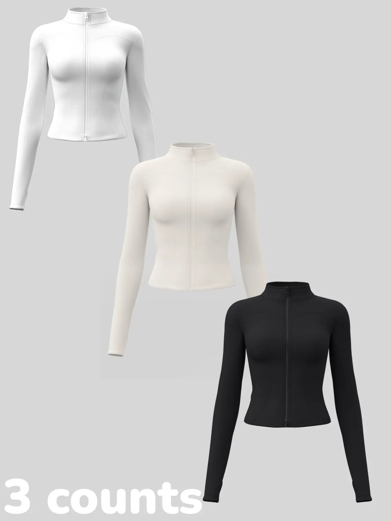 Women'S Long Sleeve Yoga Jacket Set, Sports Outerwear, Athletic Jackets, High Neck Zipper Closure, Quick-Dry Fitness Top, Tight-Fitting Sports Wear, Athletic Sports Clothing, 3 Piece Pack
